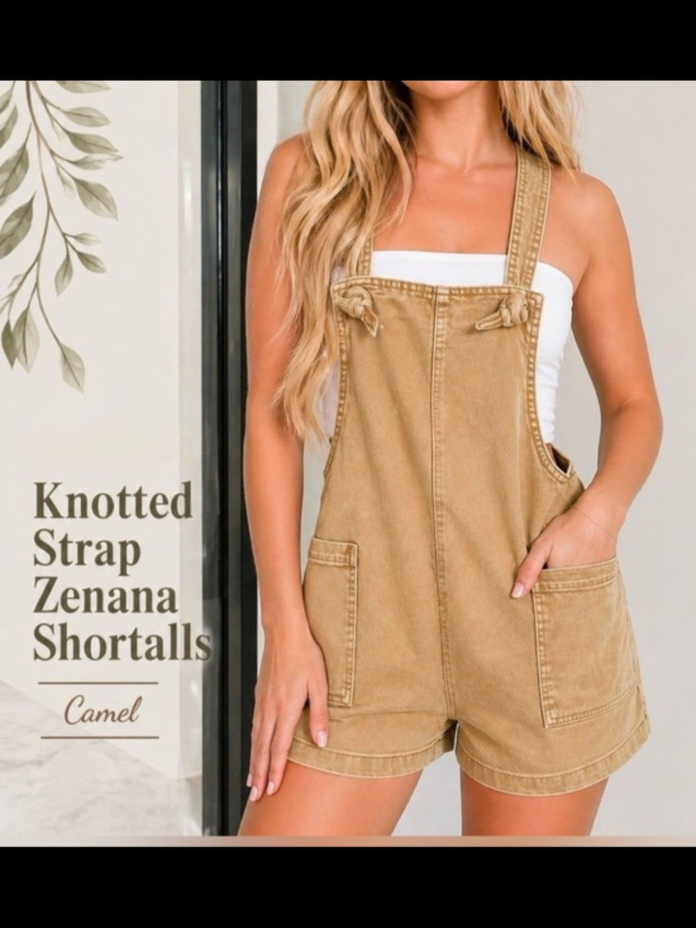 ZENANA LIGHT CAMEL WASHED KNOT STRAP ROMPER SHORTS OVERALLS JUMPER-S,M